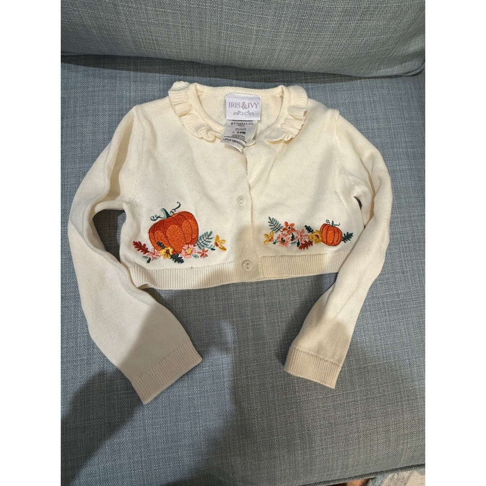 Iris & Ivy Baby Girls Pumpkin Embroidered Cardigan Sweater Cream 24M Fall